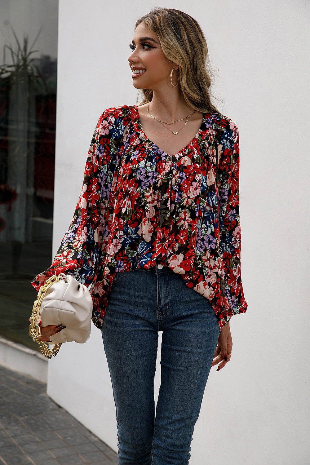 floral print balloon sleeve ruched blouse