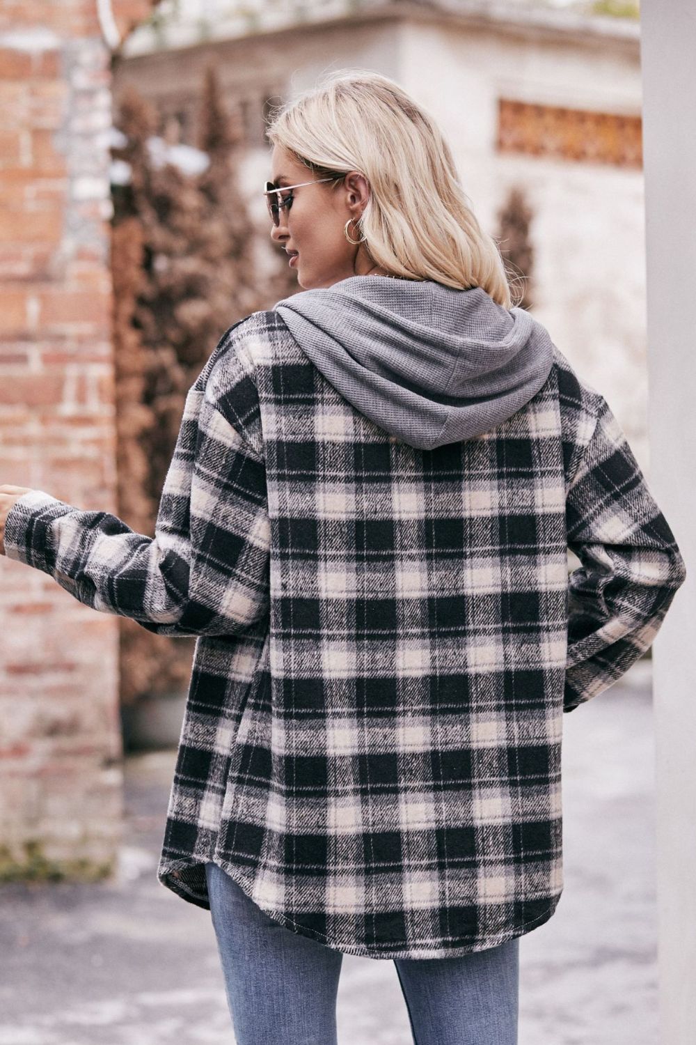 plaid dropped shoulder hooded longline jacket