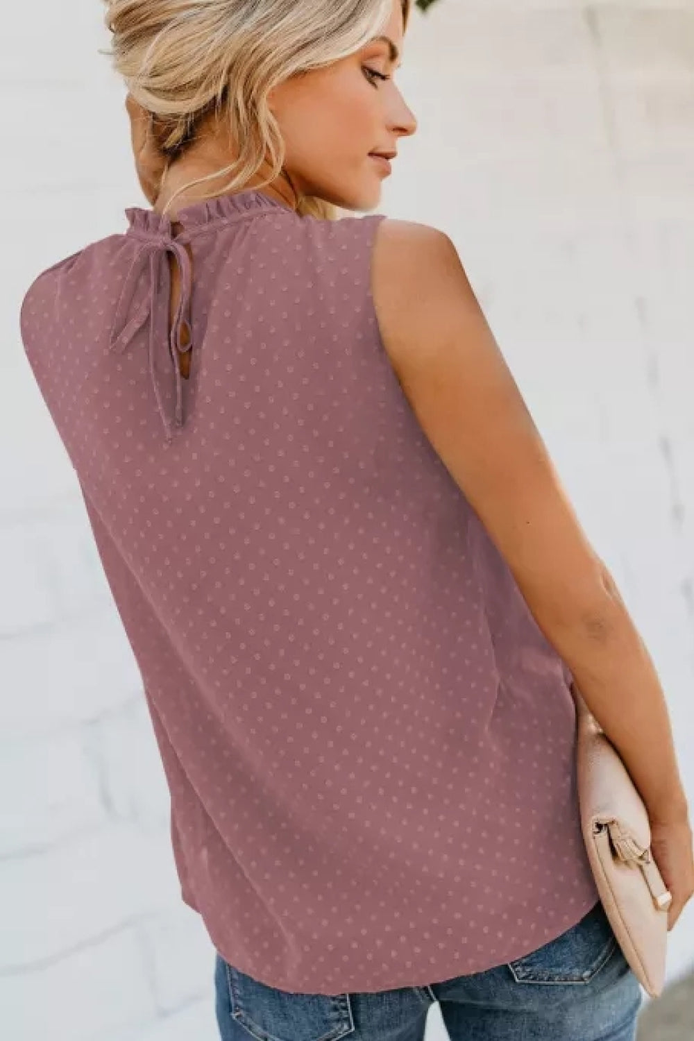 smocked tie back frill trim tank