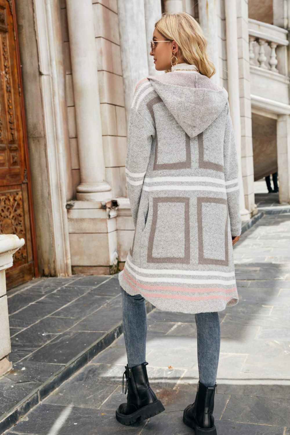 double take printed open front hooded longline cardigan