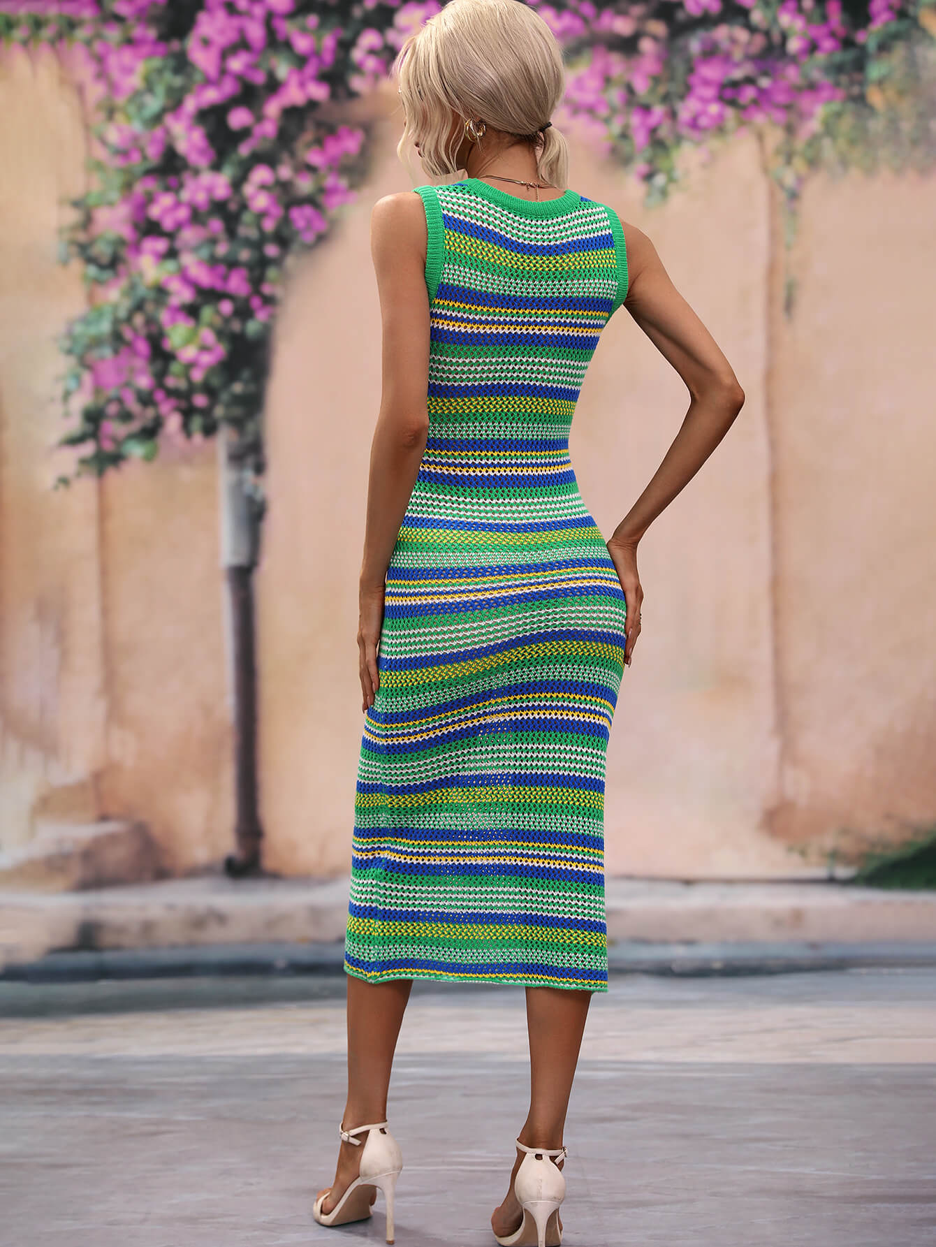 striped round neck sleeveless midi cover up dress