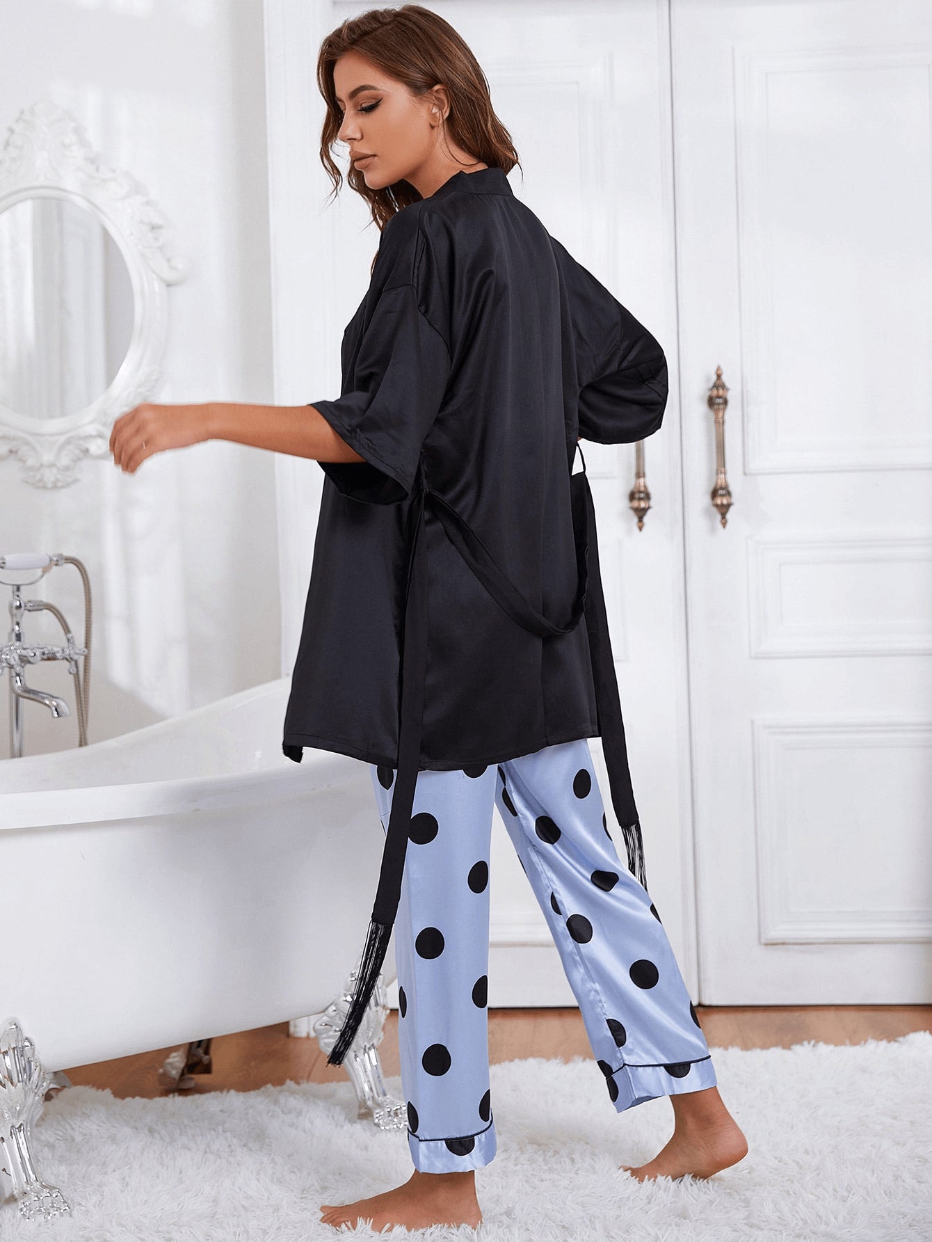 cami, robe, and printed pants pajama set