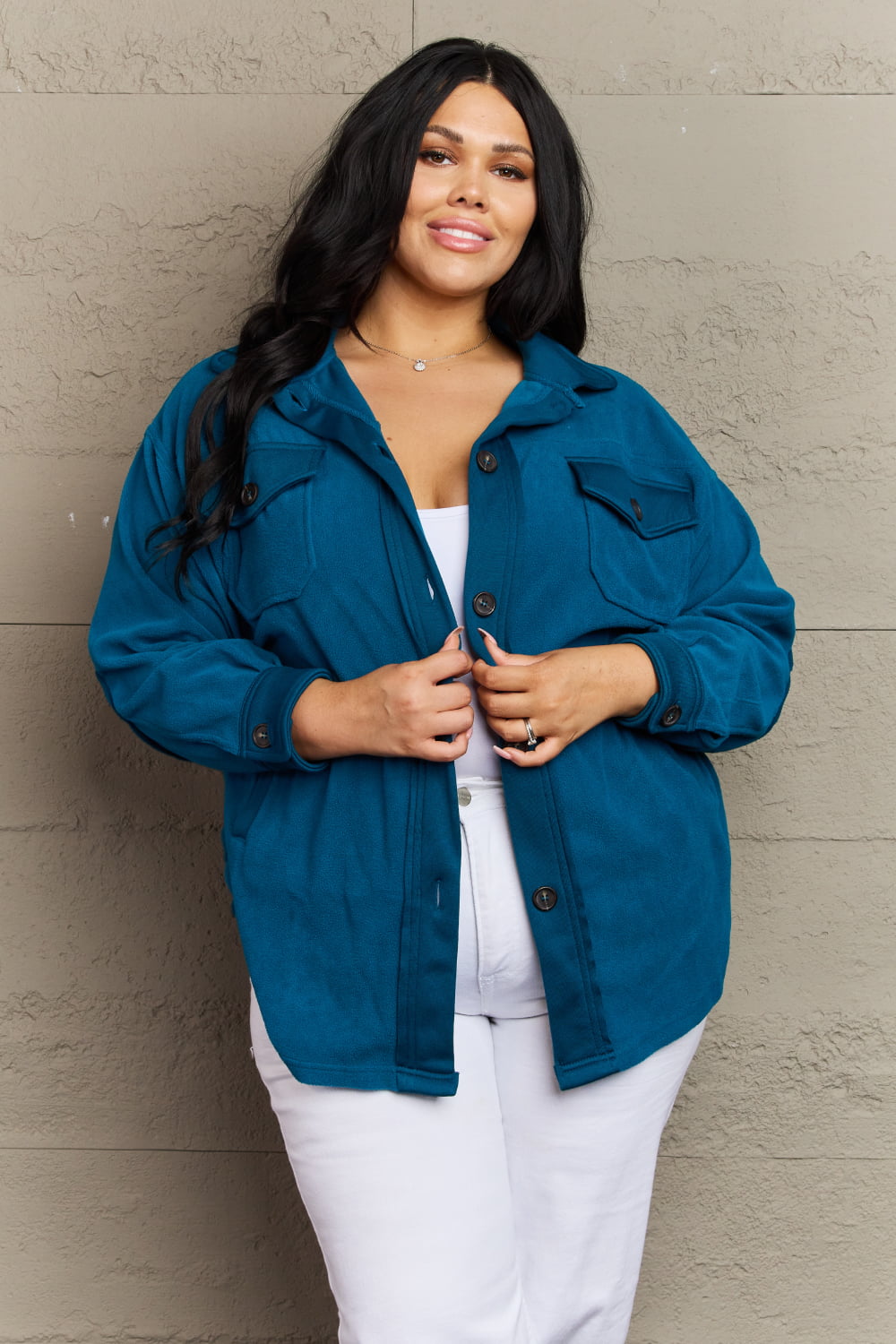 zenana cozy in the cabin full size fleece elbow patch shacket in teal