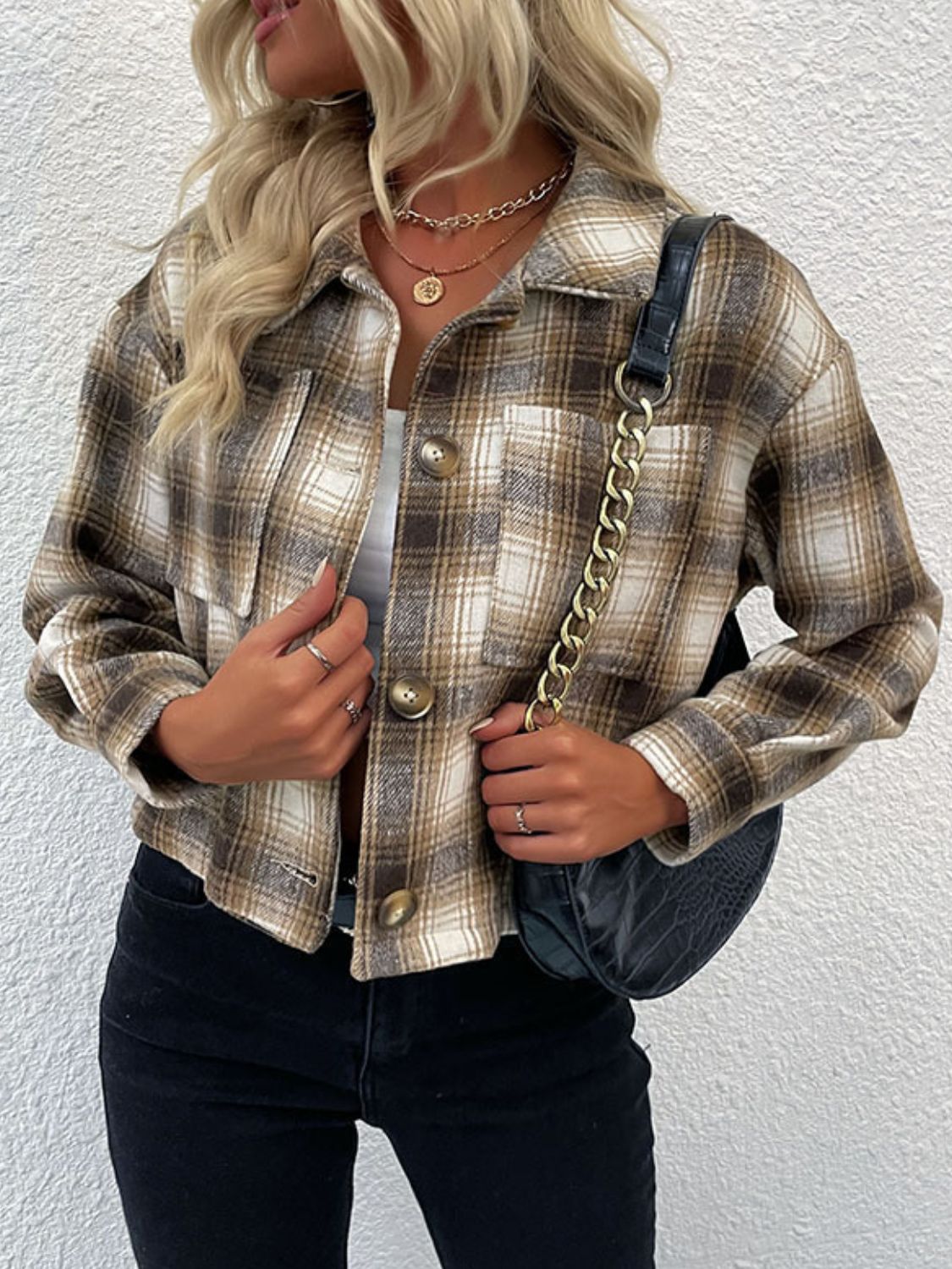 plaid button-up dropped shoulder shacket