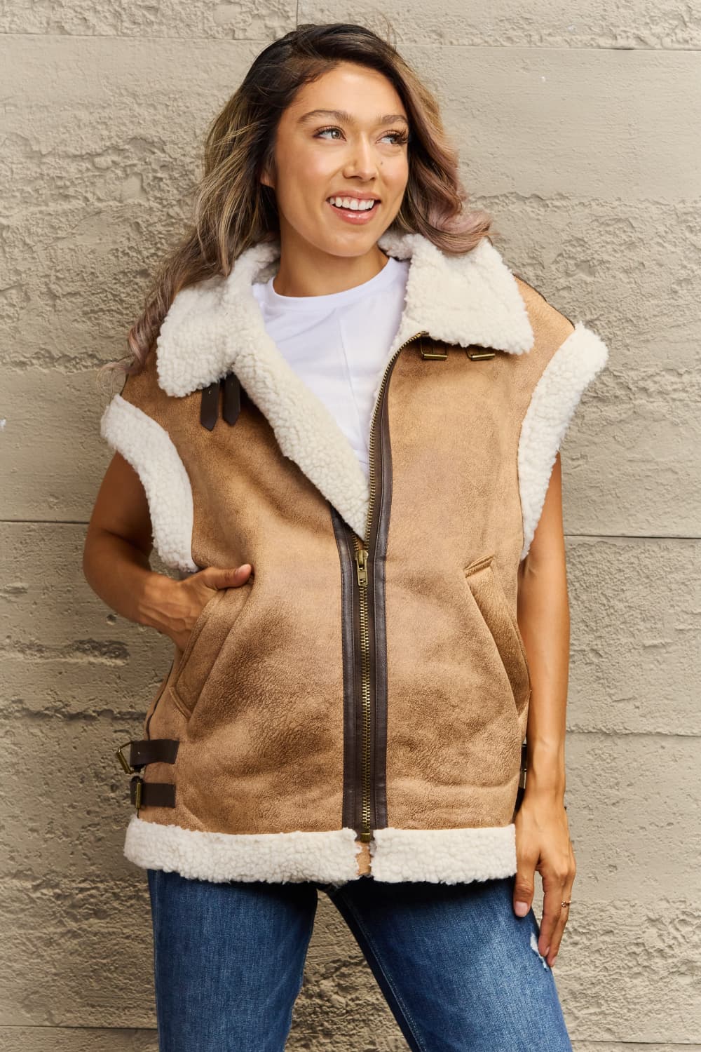 collared zip-up suede sherpa vest