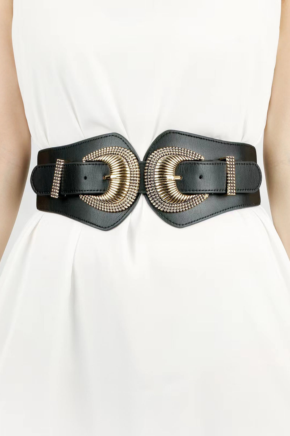 shell double buckle elastic wide belt