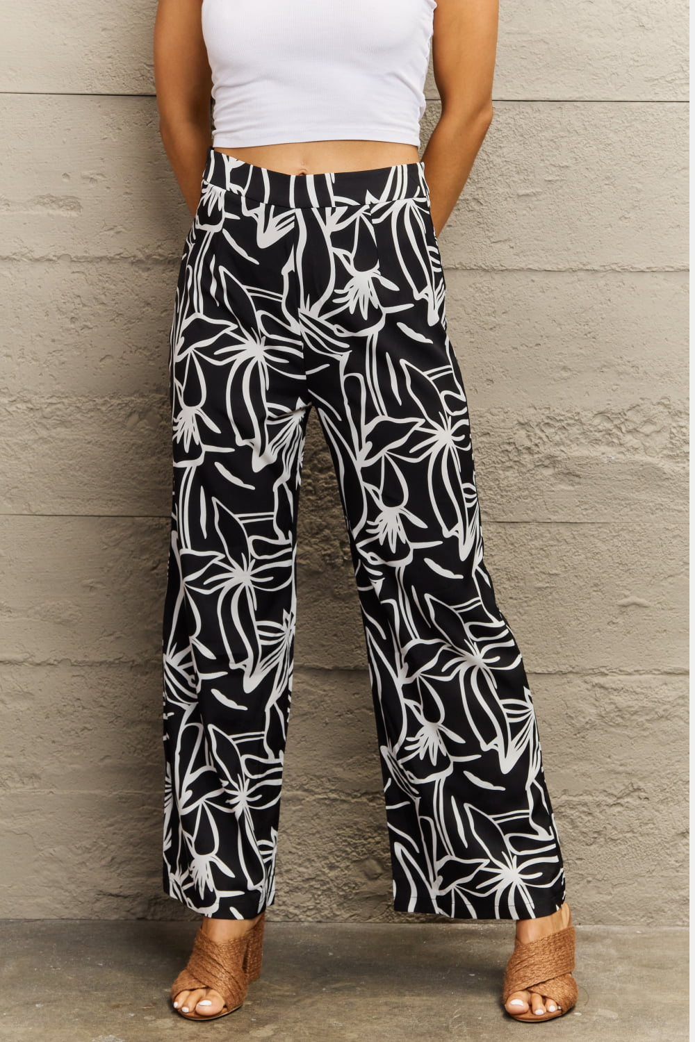 flower print wide leg long pants