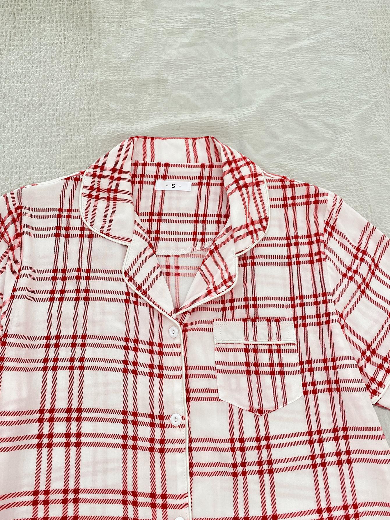 plaid lapel collar shirt and shorts lounge set