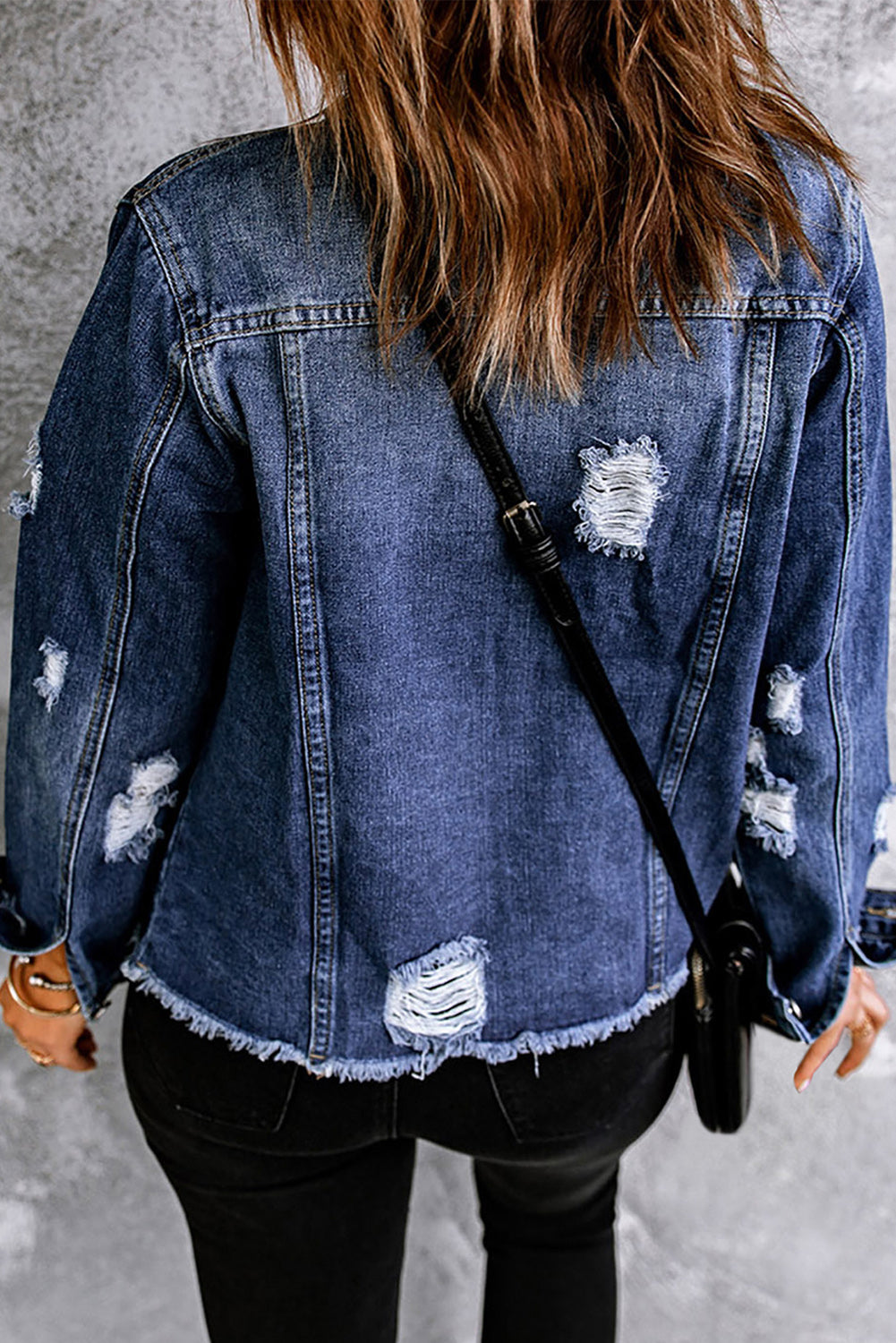 mixed print distressed button front denim jacket