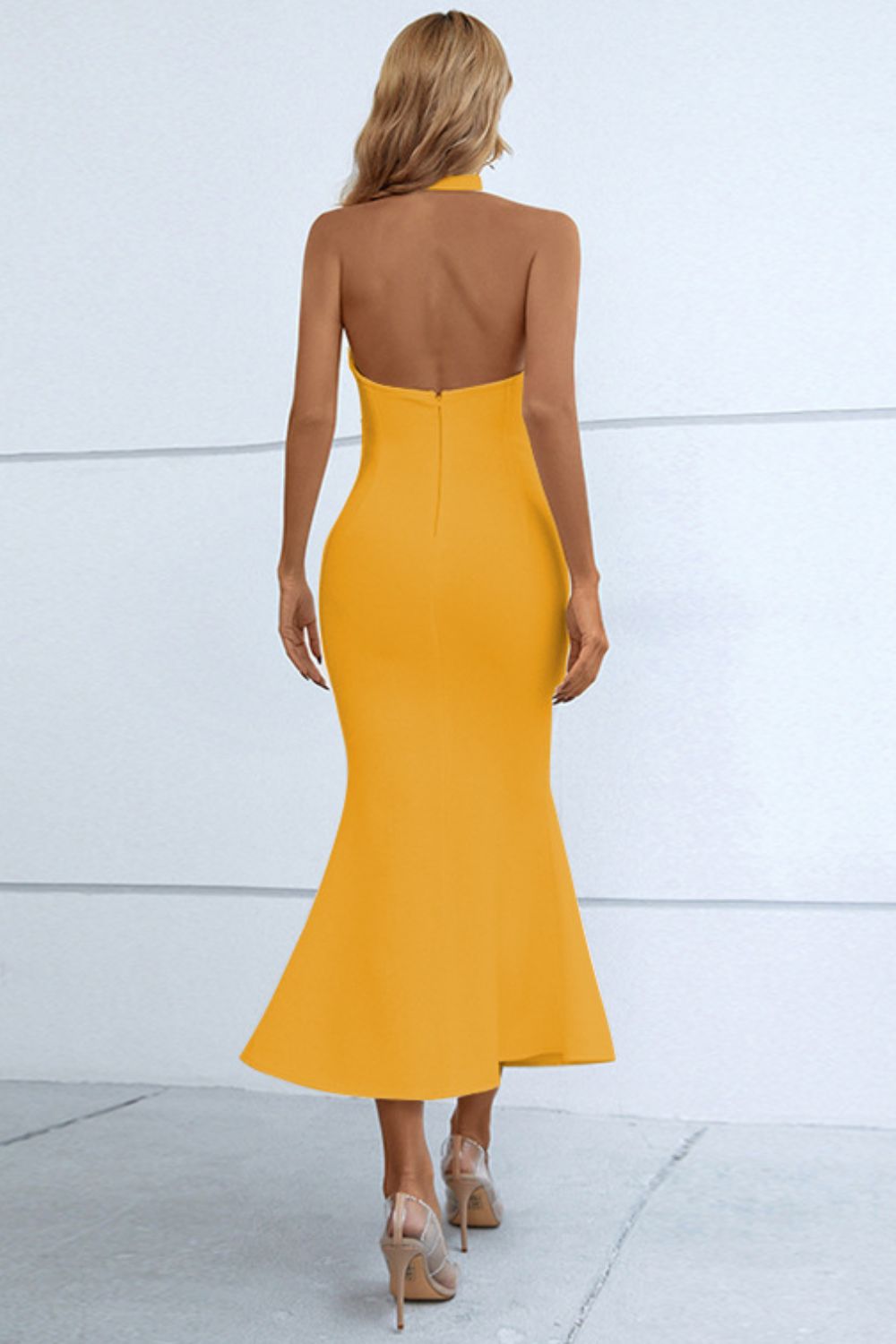 halter neck split fishtail bodycon dress