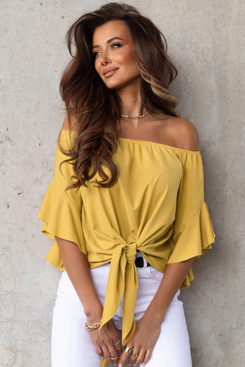 off-shoulder tie hem blouse