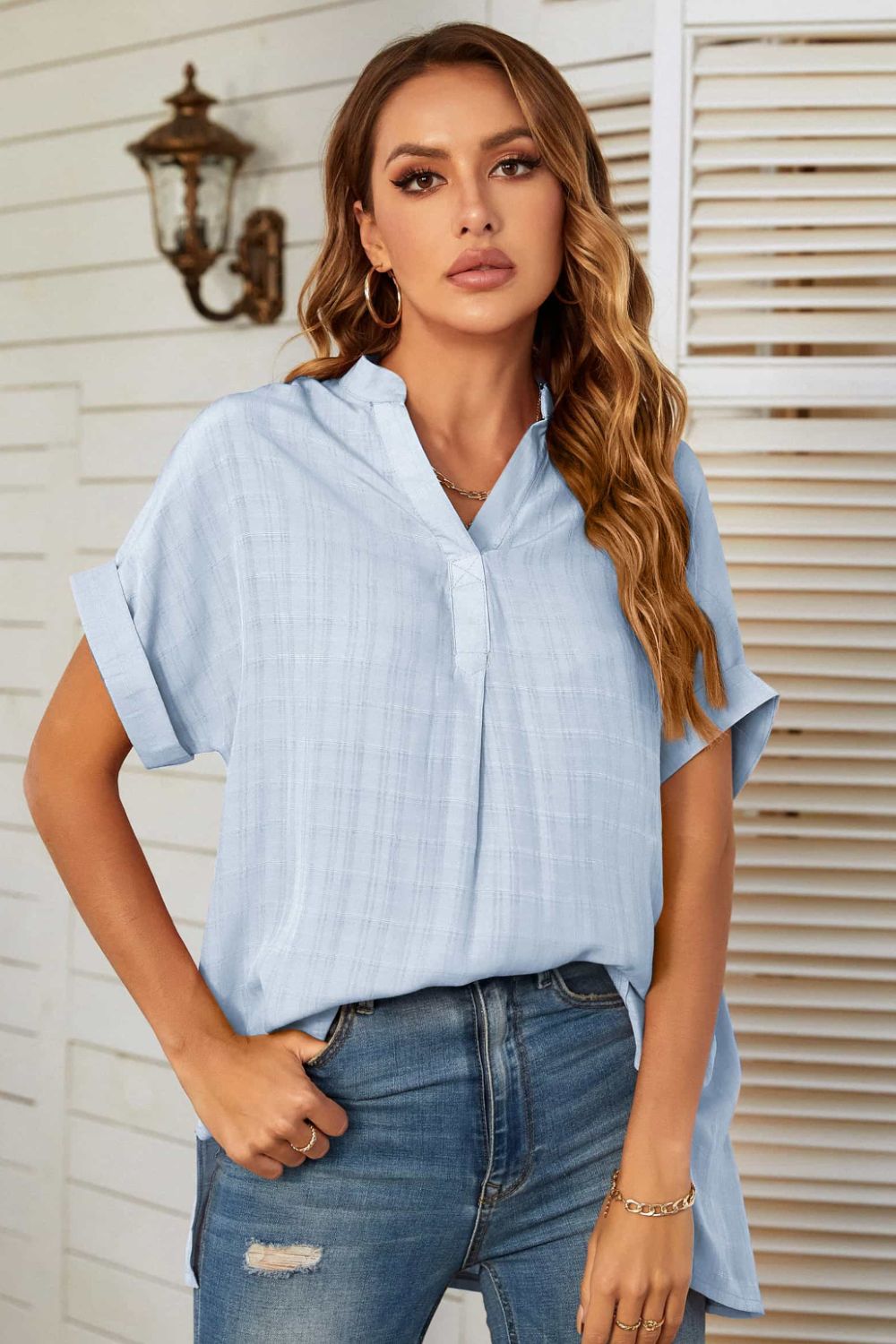 notched neck slit cuffed blouse