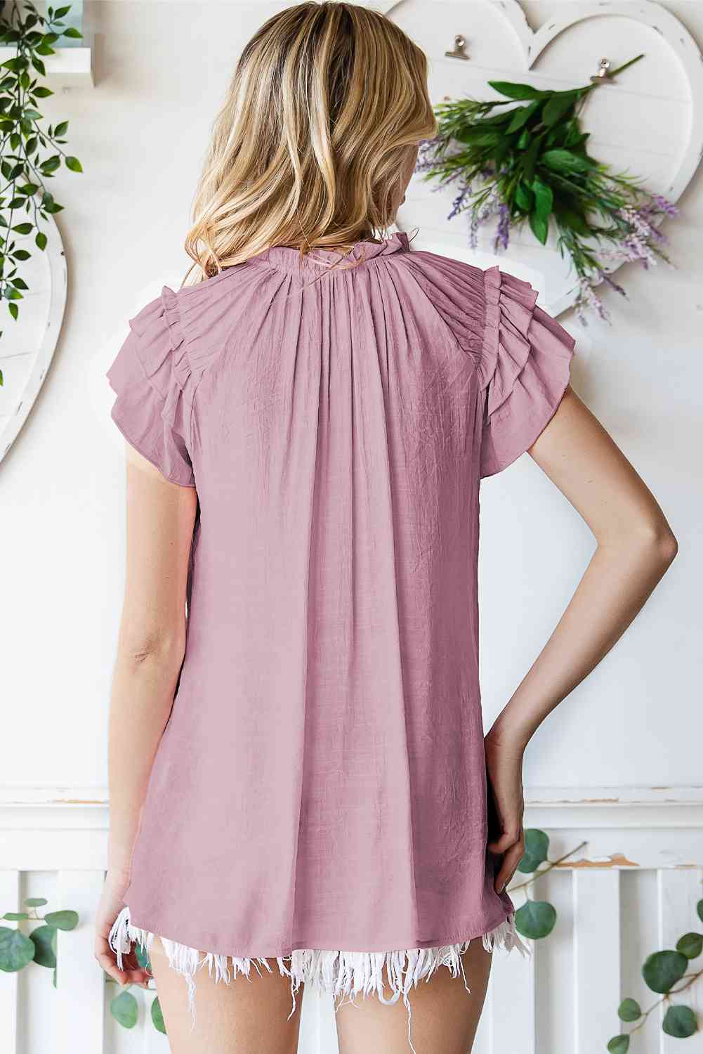 tie-neck flutter sleeve blouse