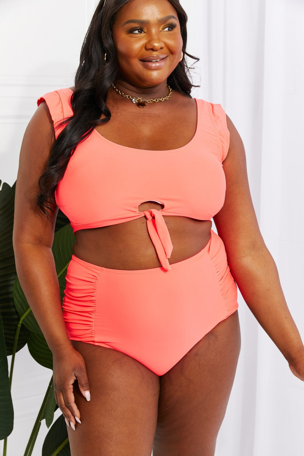 marina west swim sanibel crop swim top and ruched bottoms set in coral
