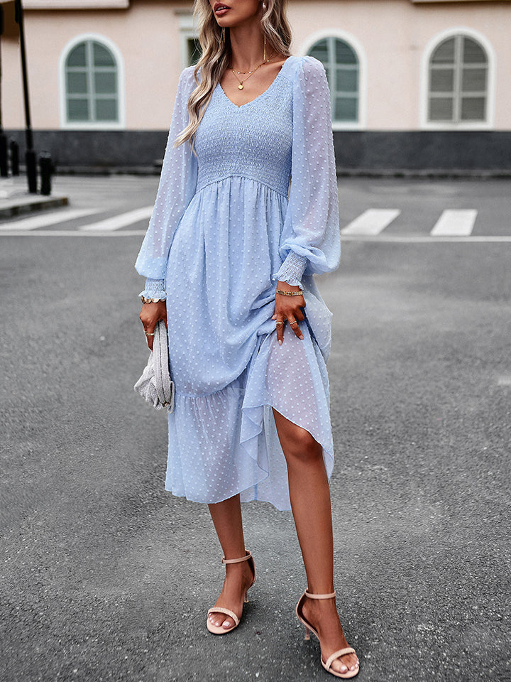 swiss dot v-neck flounce sleeve midi dress