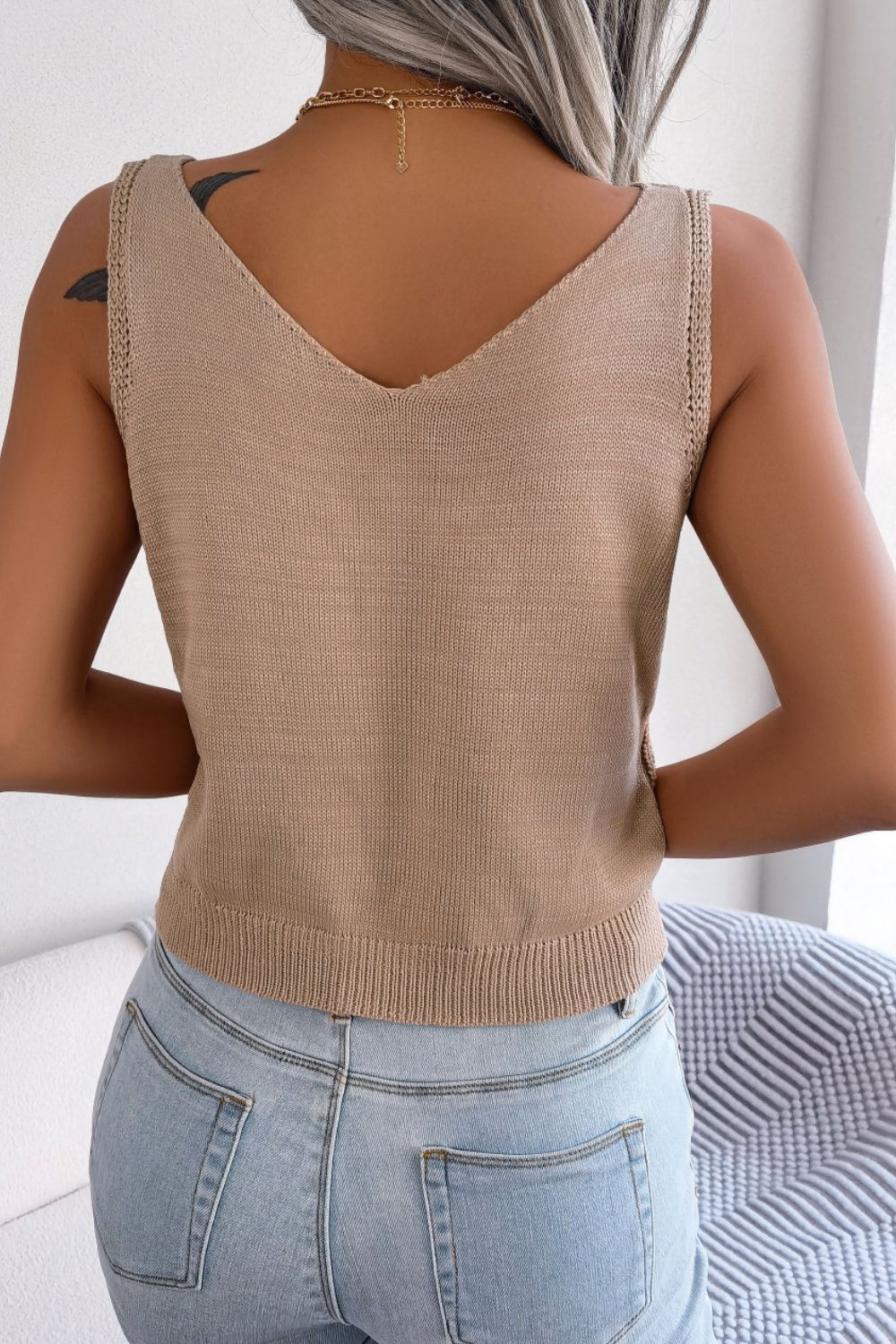 decorative button mixed knit tank