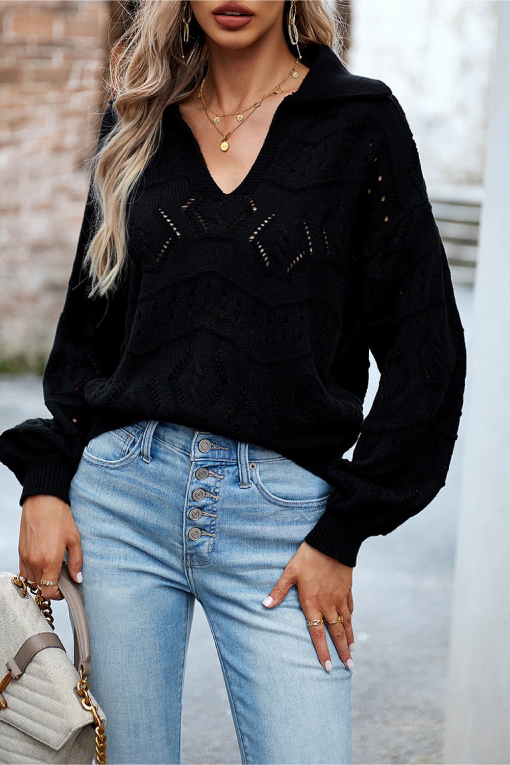 openwork long sleeve notched neck sweater