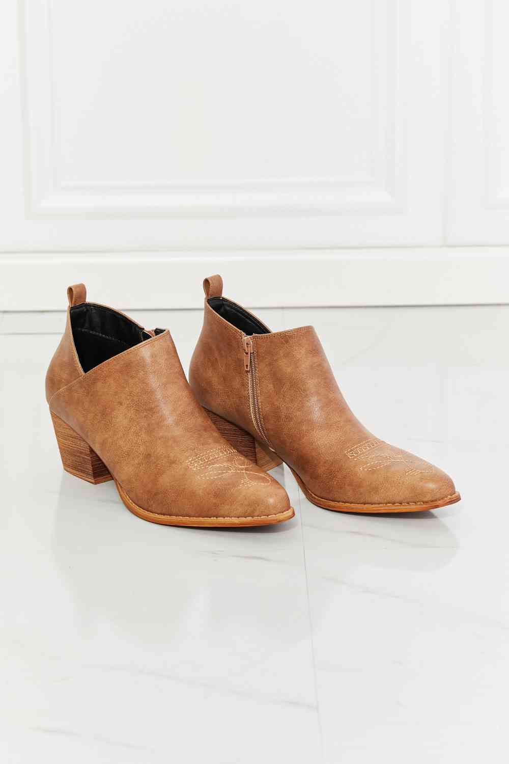 mmshoes trust yourself embroidered crossover cowboy bootie in caramel