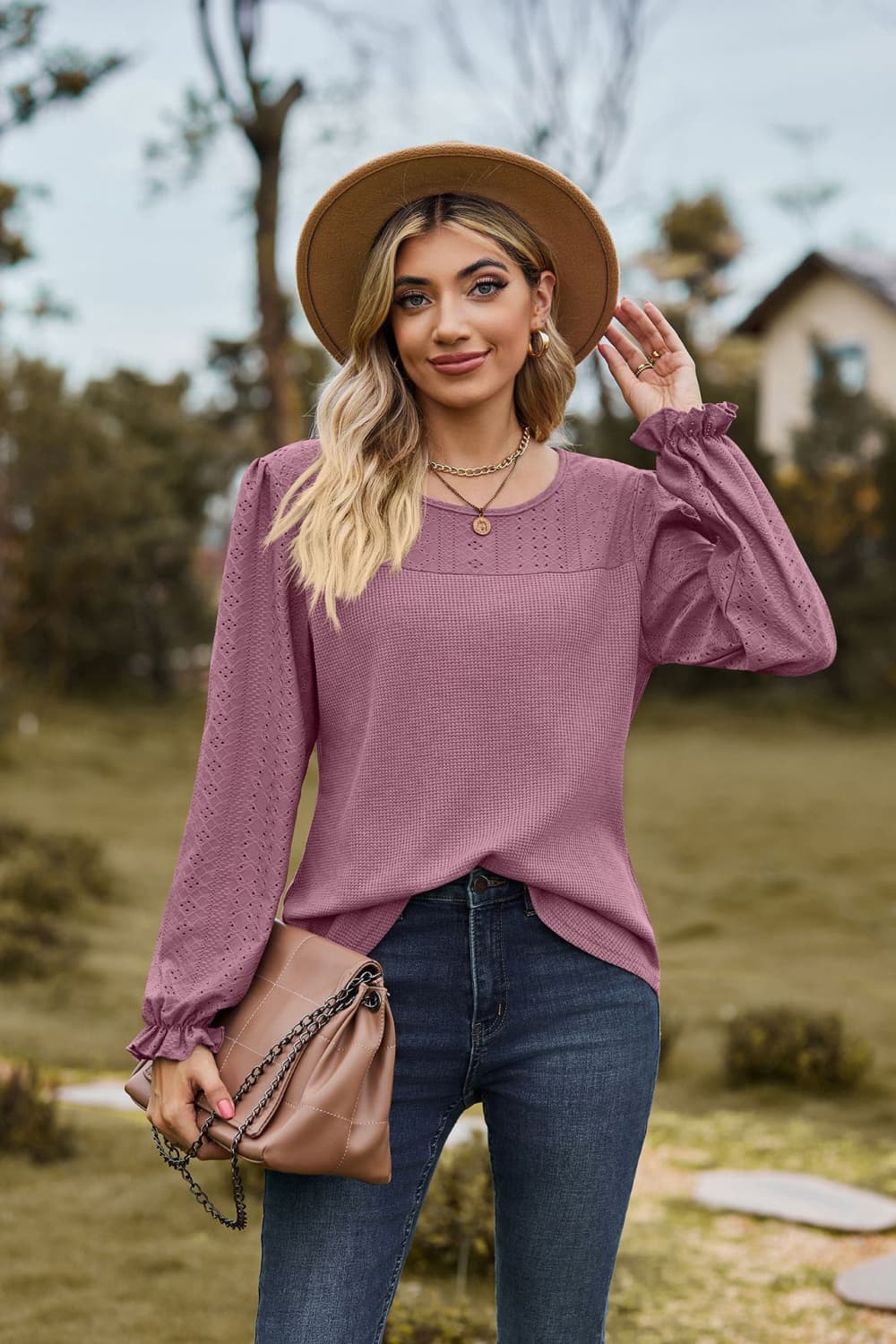 round neck puff sleeve blouse