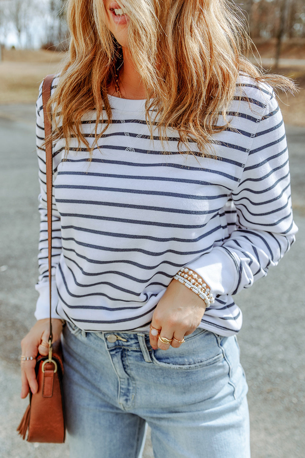 striped long sleeve round neck top