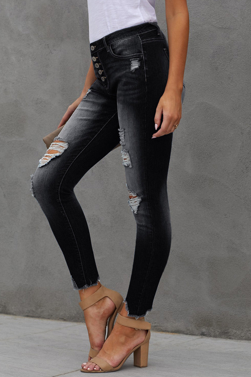 baeful button fly hem detail ankle-length skinny jeans