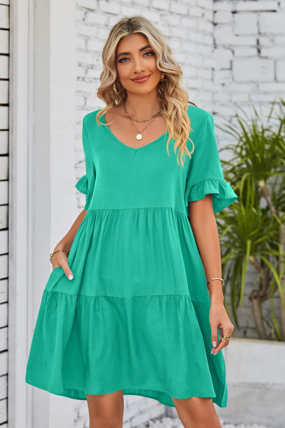 v-neck flounce sleeve tiered dress