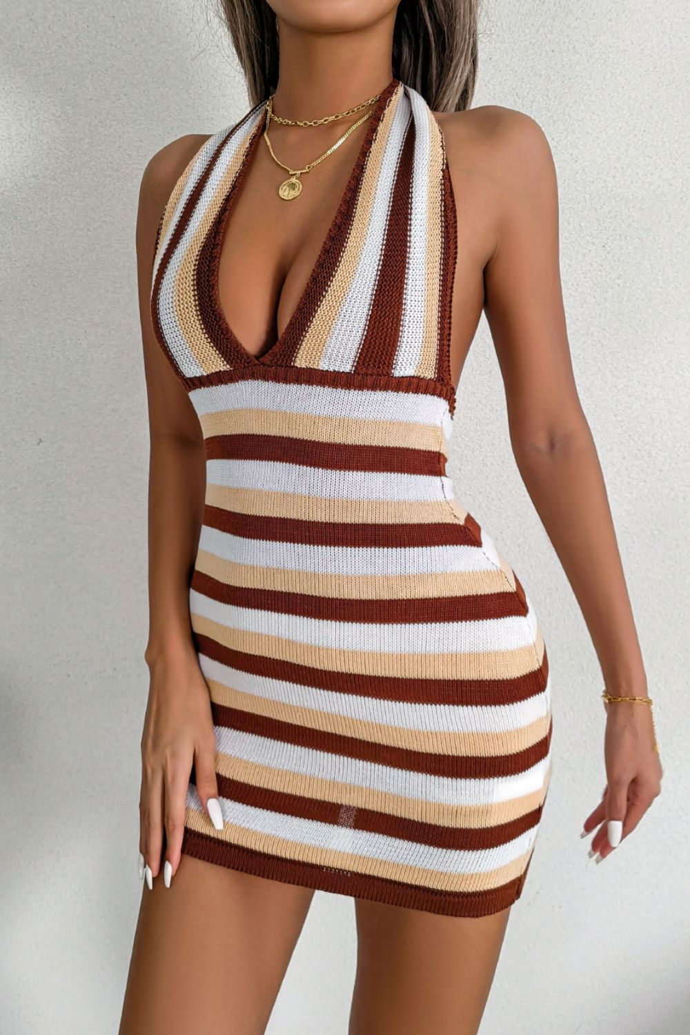 striped halter neck backless knit mini dress