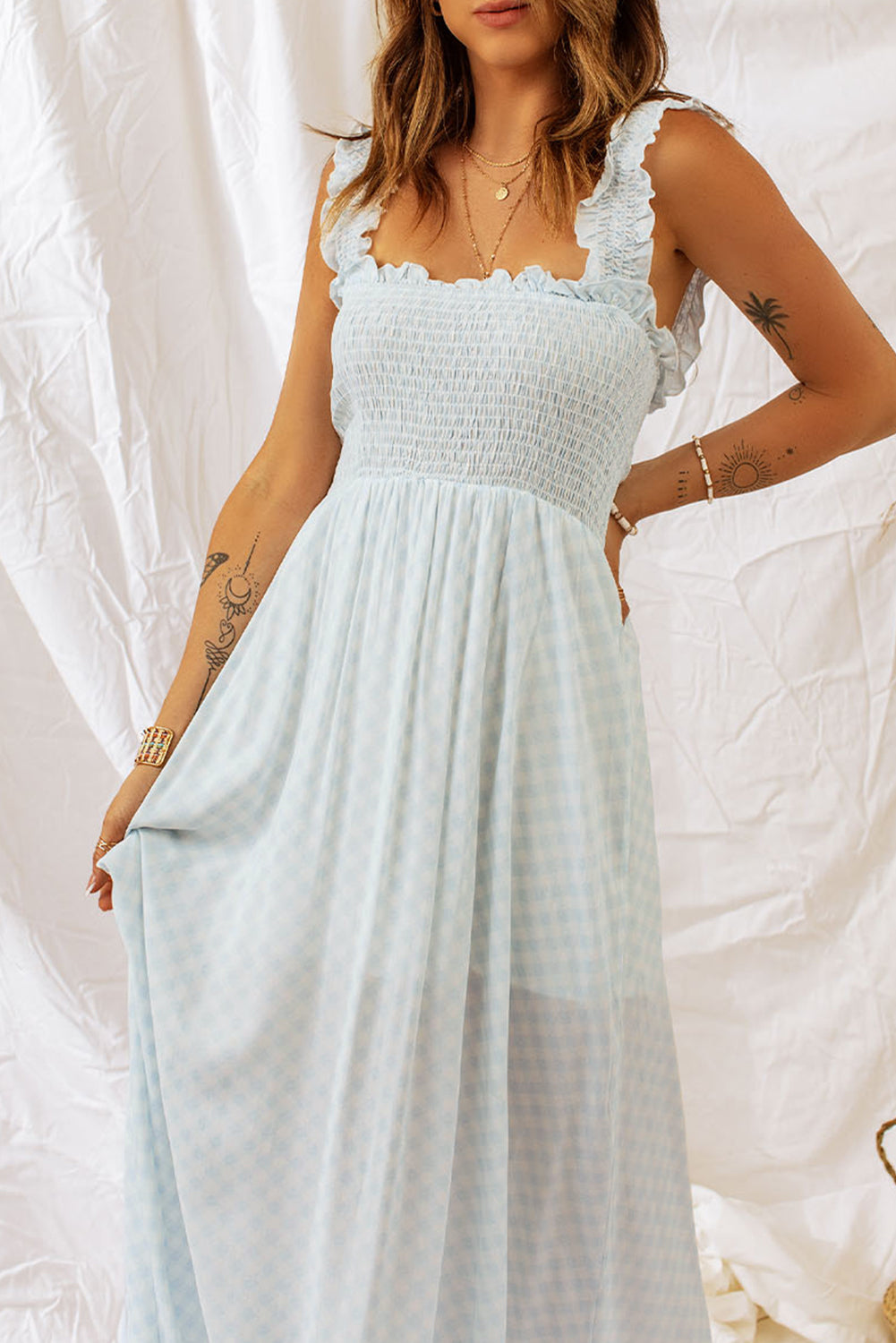 plaid ruffle strap smocked maxi dress