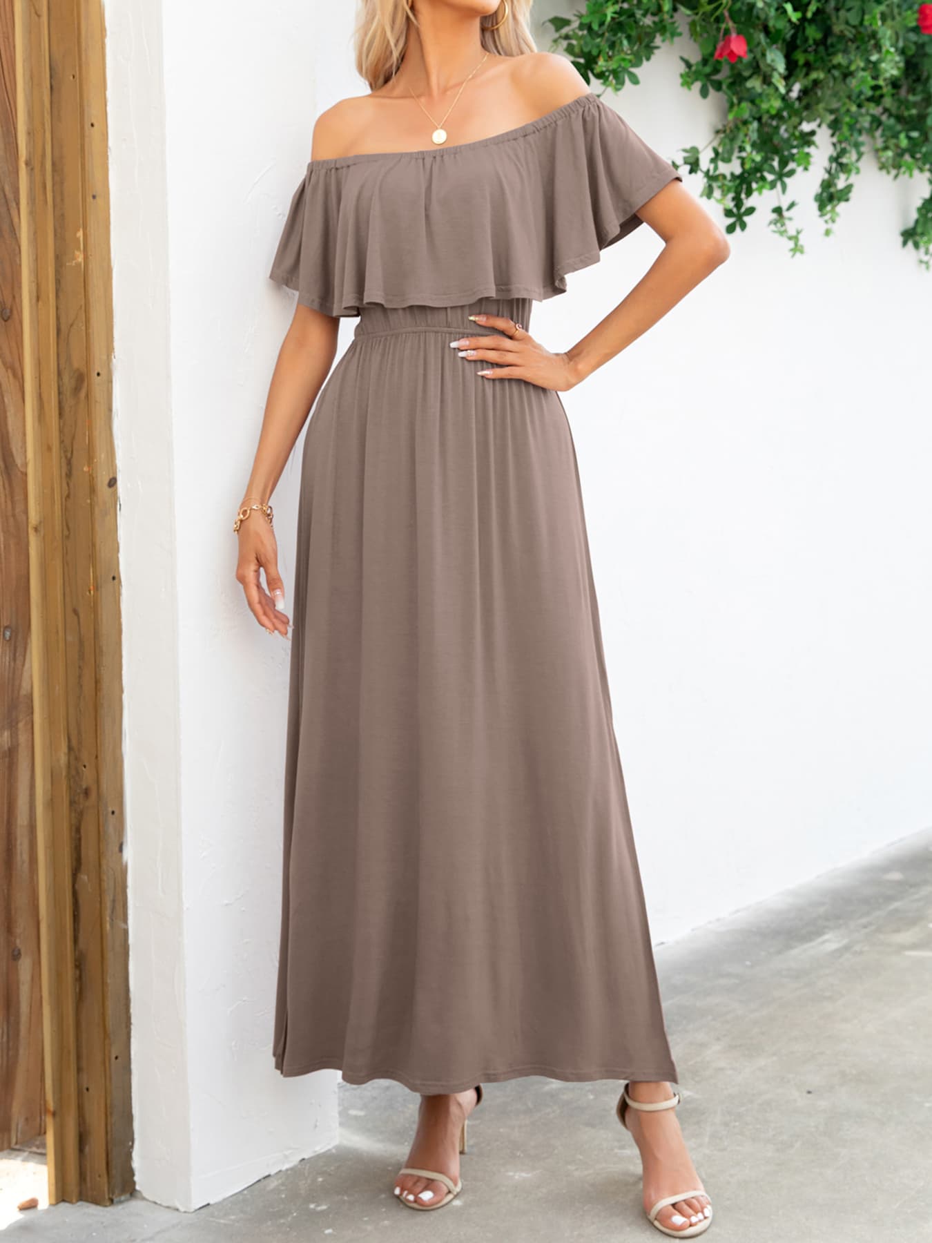 off-shoulder slit maxi dress