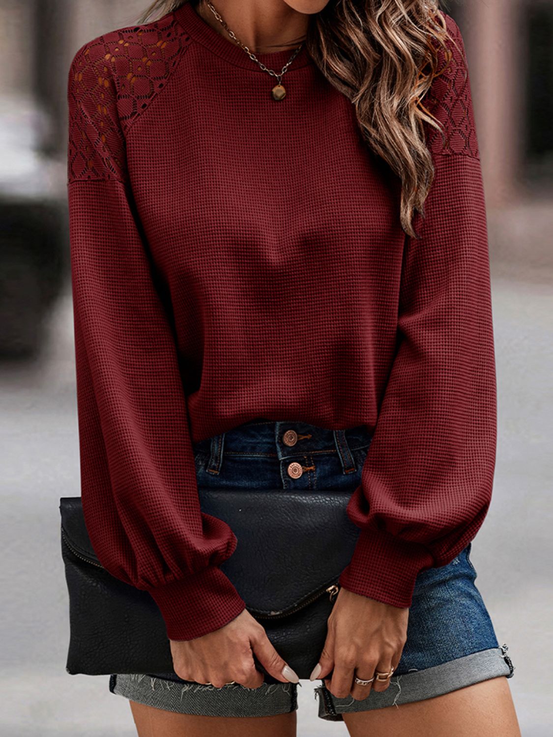 lantern sleeve round neck blouse