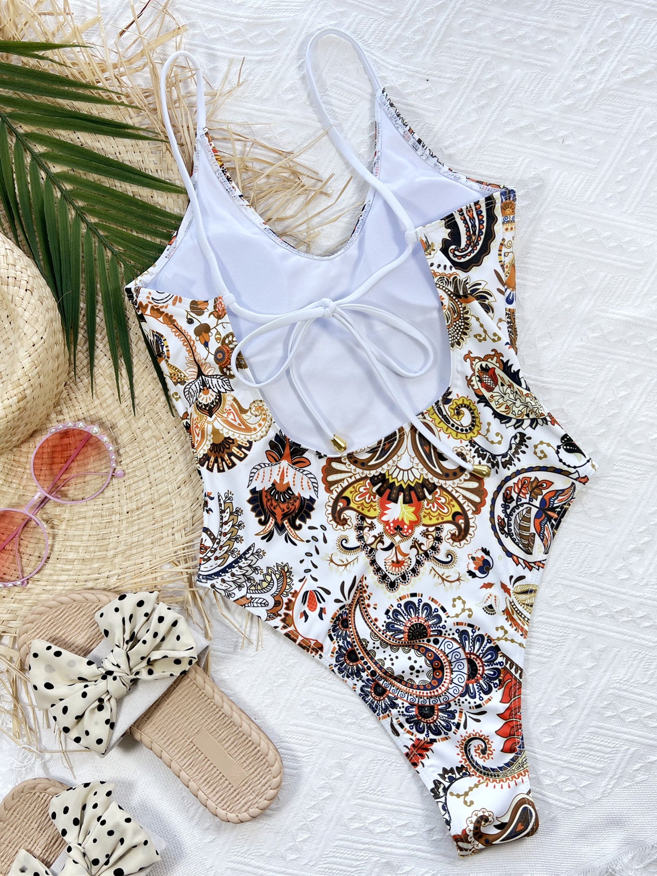 printed tie back scoop neck one-piece swimsuit