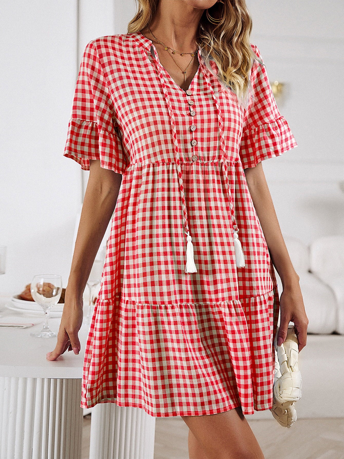 plaid flounce sleeve buttoned mini dress