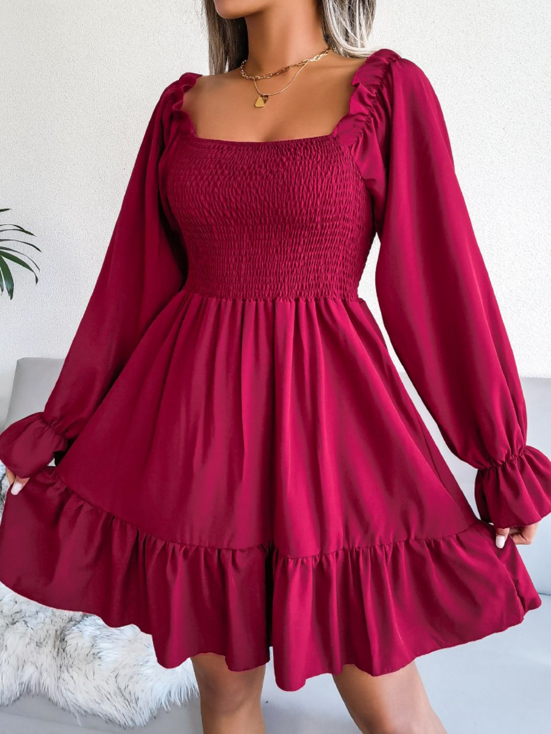 smocked flounce sleeve square neck dress