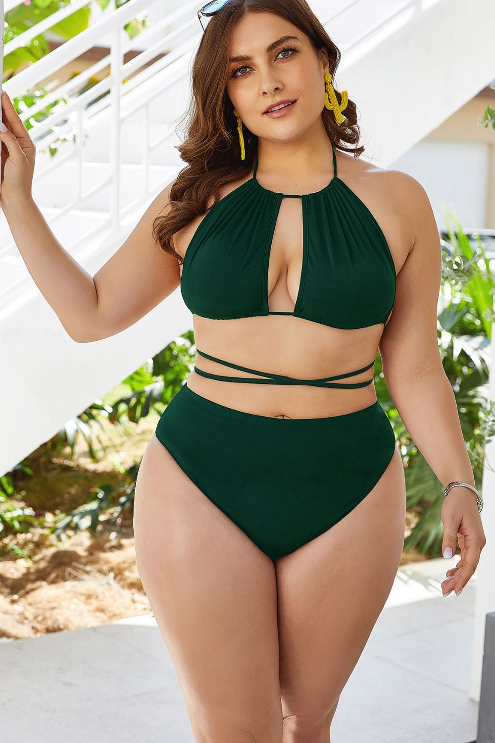 plus size cutout tied backless bikini set