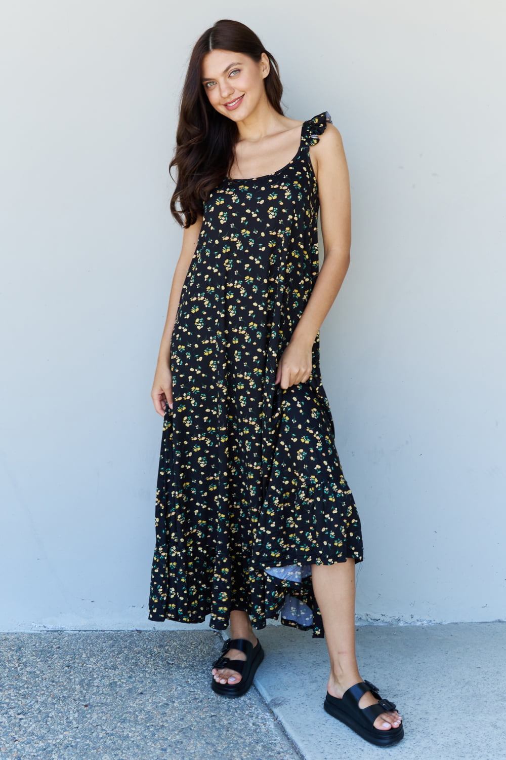 doublju in the garden ruffle floral maxi dress in  black yellow floral