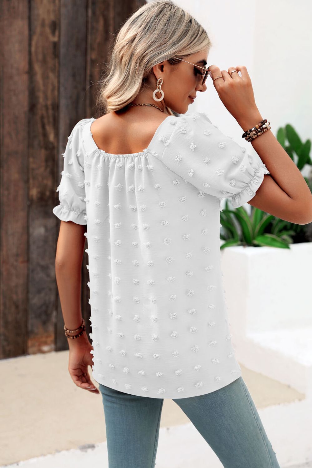 swiss dot puff sleeve square neck blouse