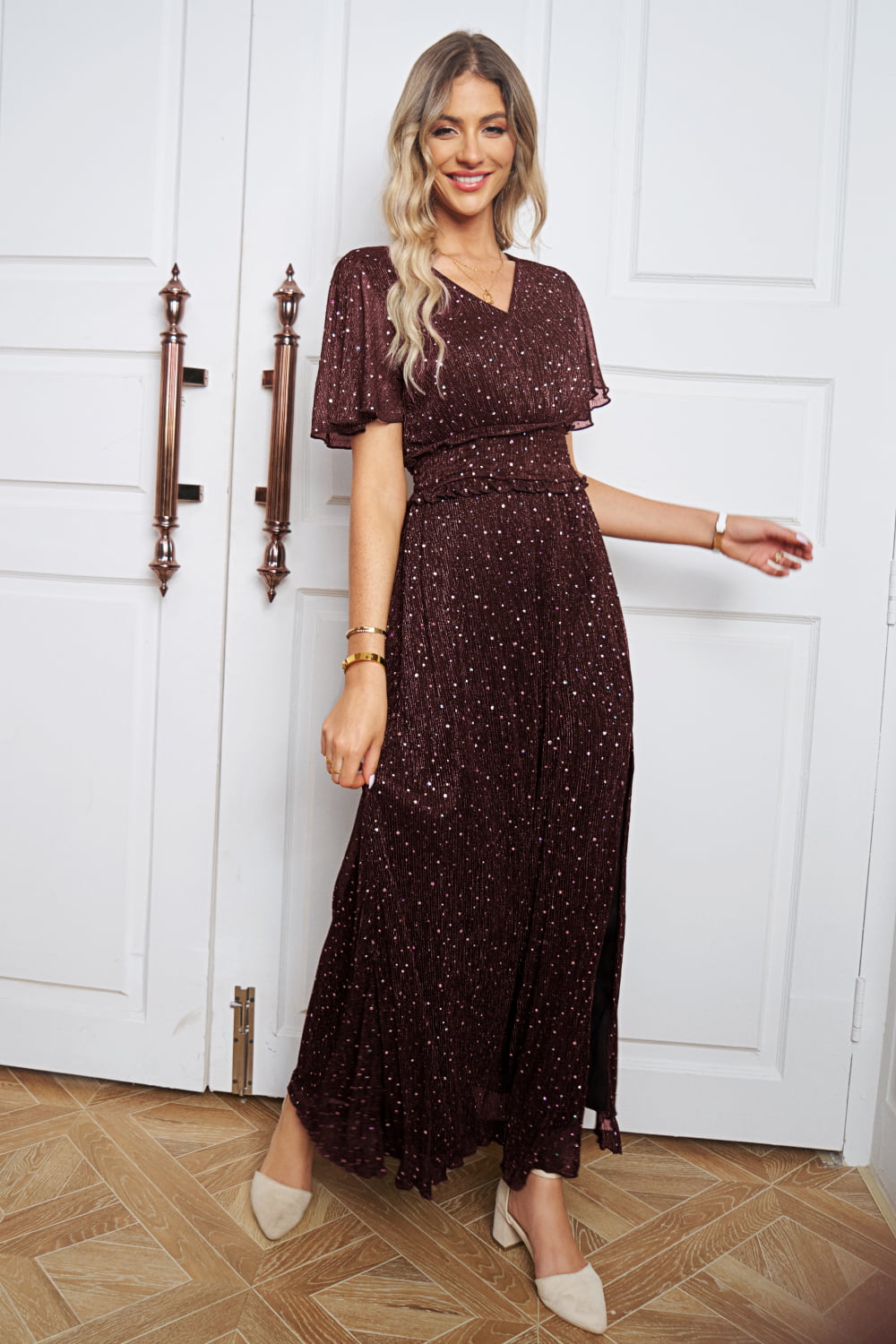 v-neck high slit glitter maxi dress