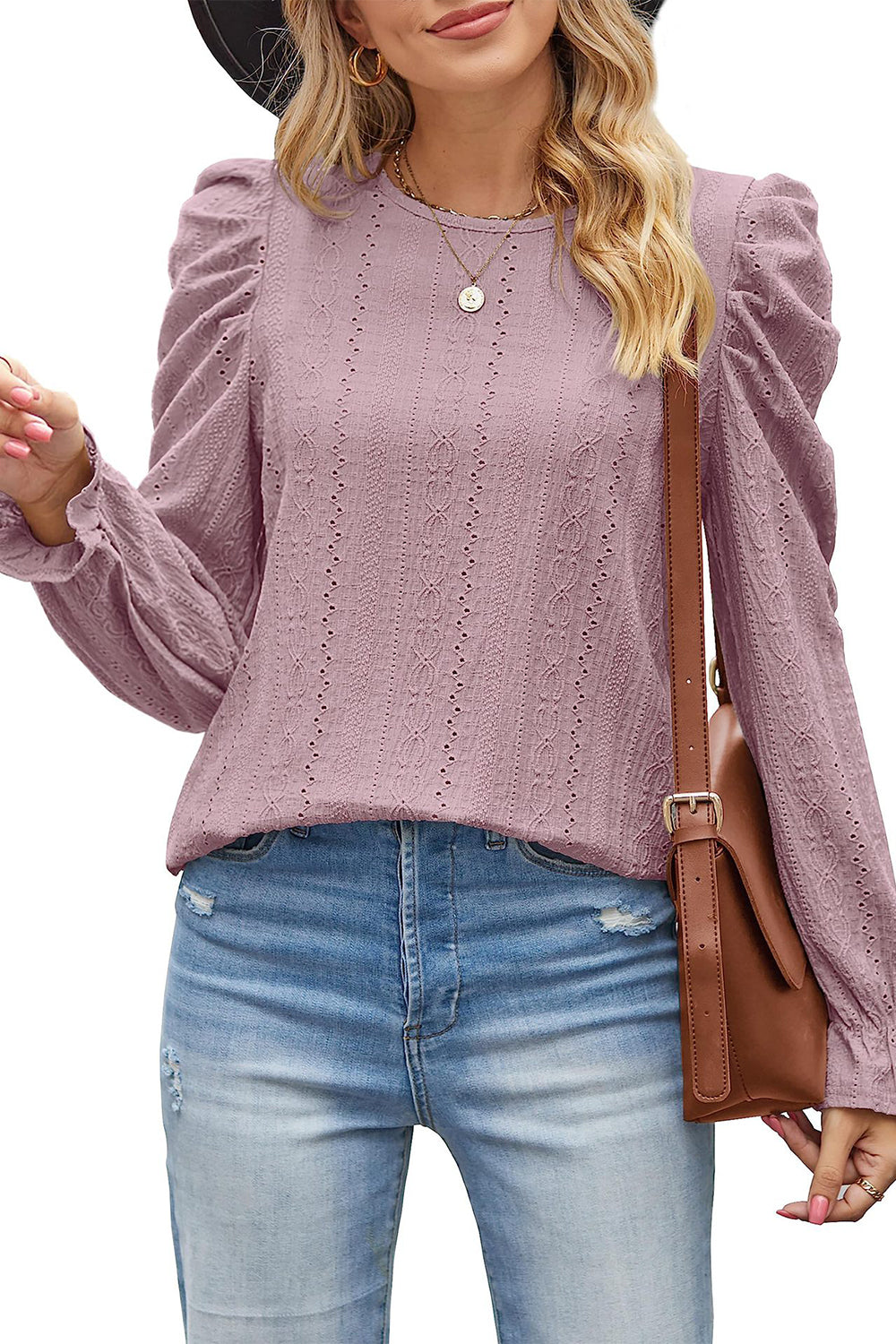 round neck puff sleeve blouse