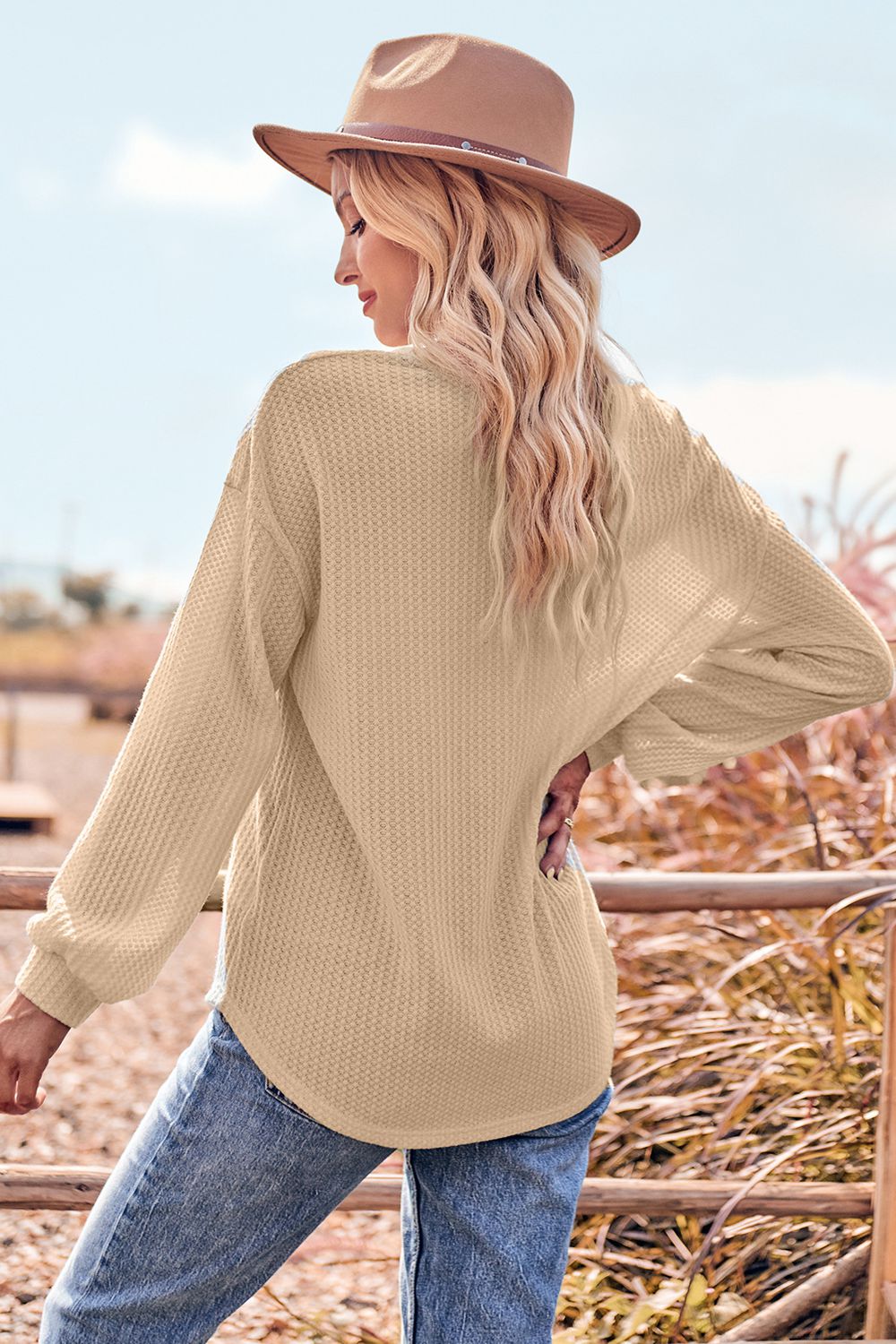 v-neck dropped shoulder waffle-knit blouse