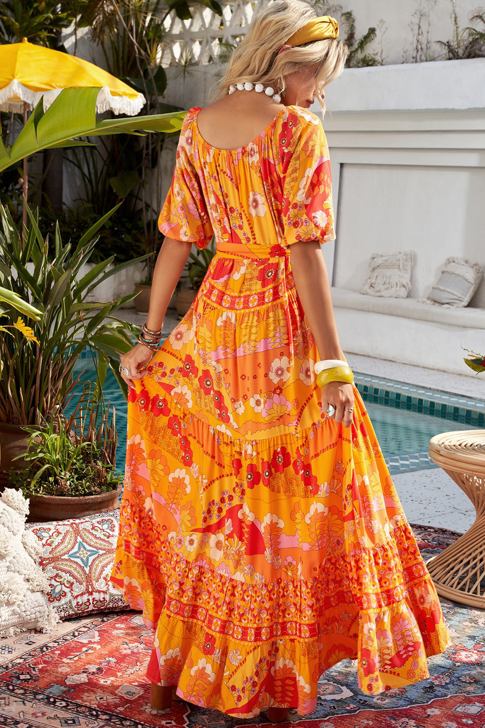 bohemian tie-waist tiered maxi dress