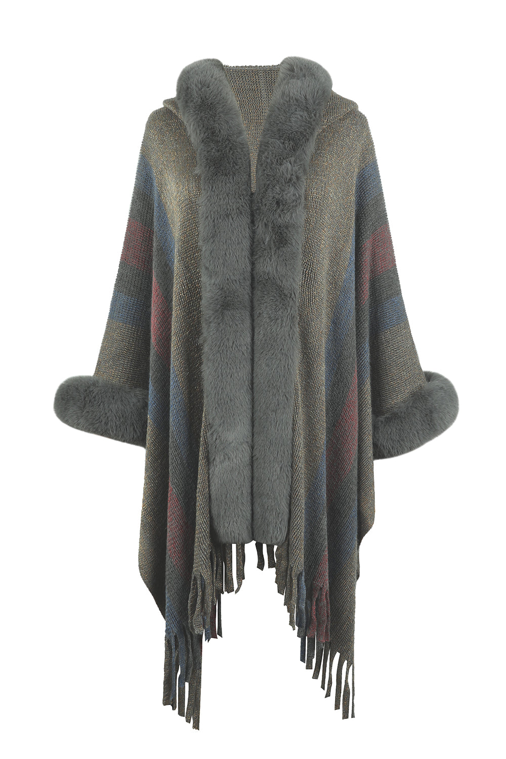 color block fringe detail poncho