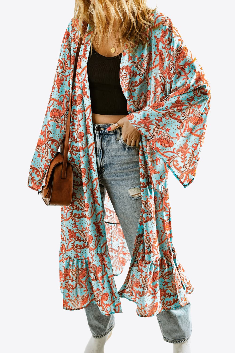 printed open front duster cardigan