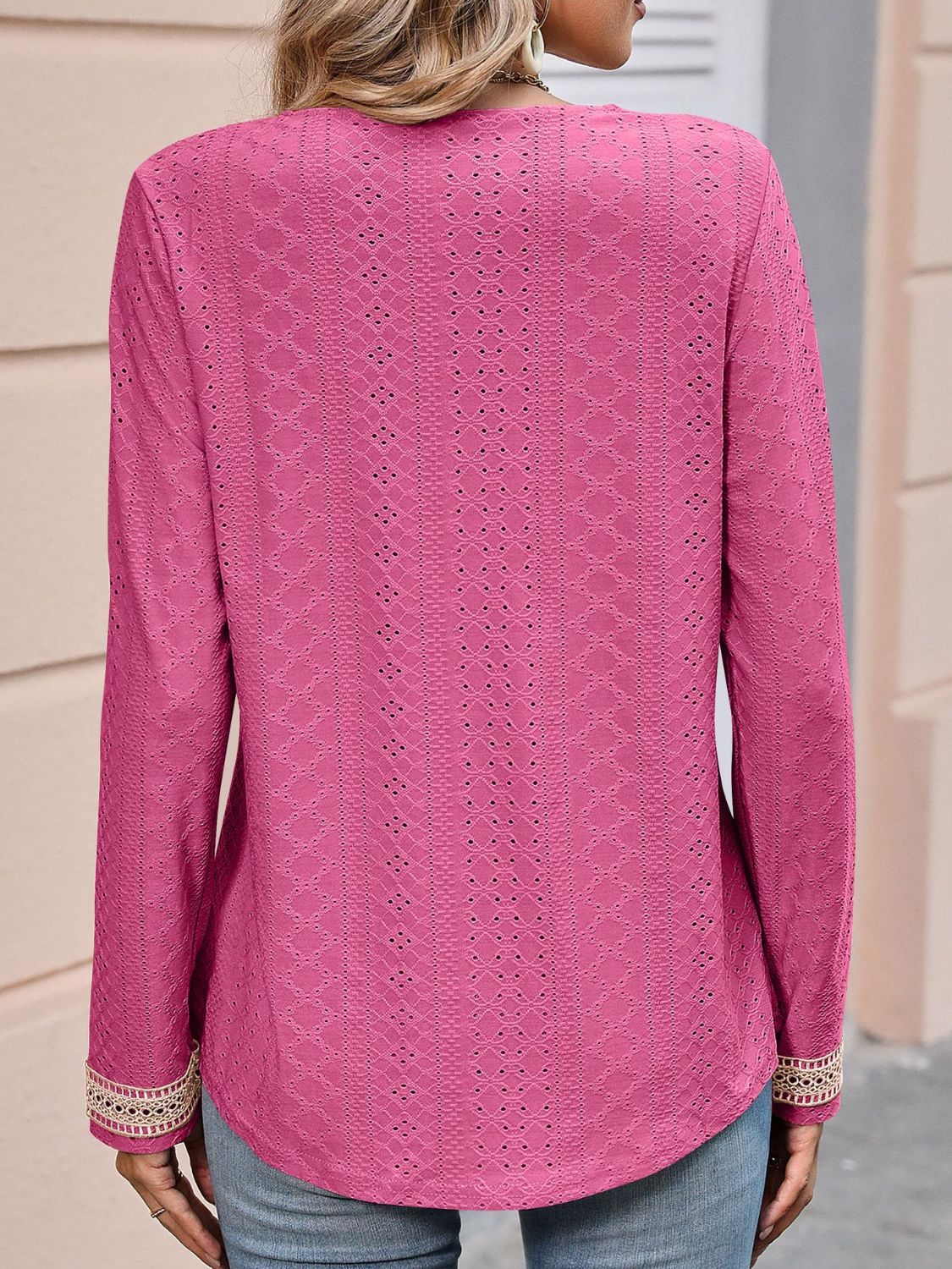 double take contrast v-neck eyelet long sleeve top