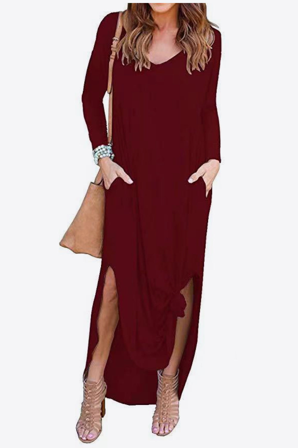 split long sleeve v-neck maxi dress