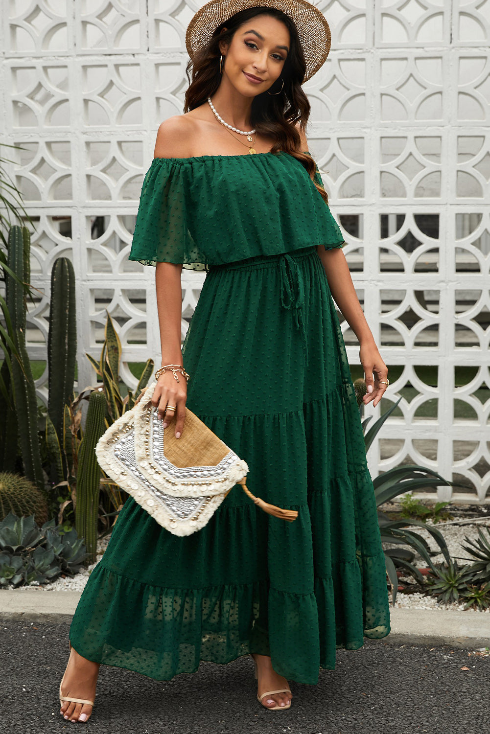 swiss dot off-shoulder tiered maxi dress