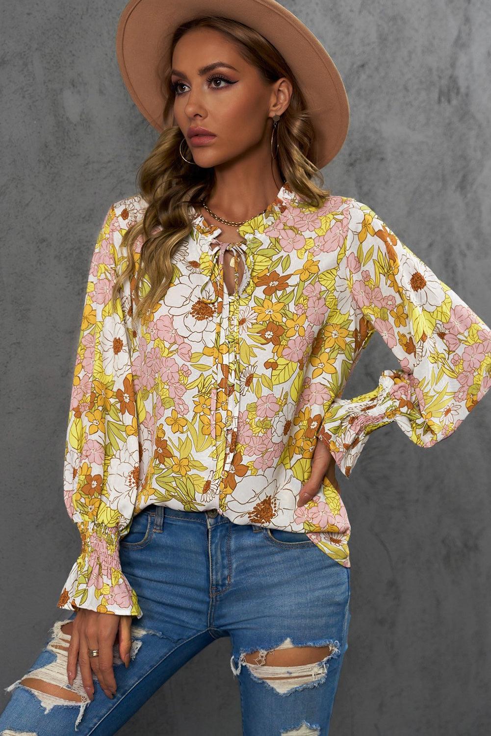 floral frill trim tie neck flounce sleeve blouse