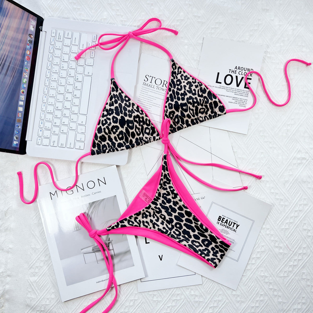 leopard print halter neck tie side bikini set