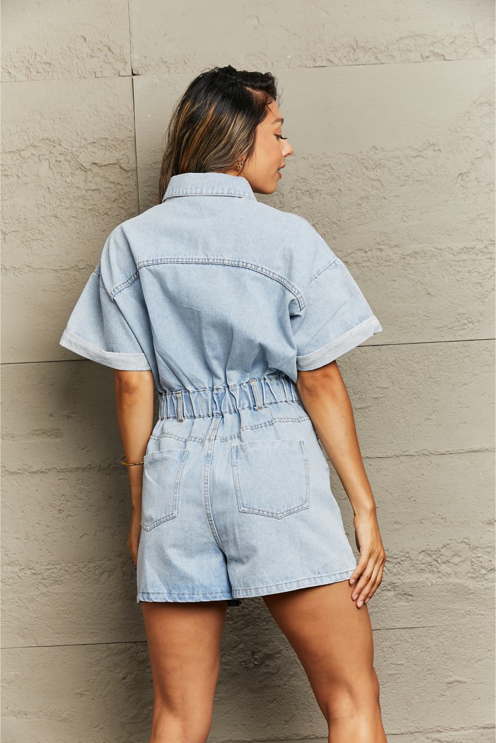 collared neck denim romper with pockets