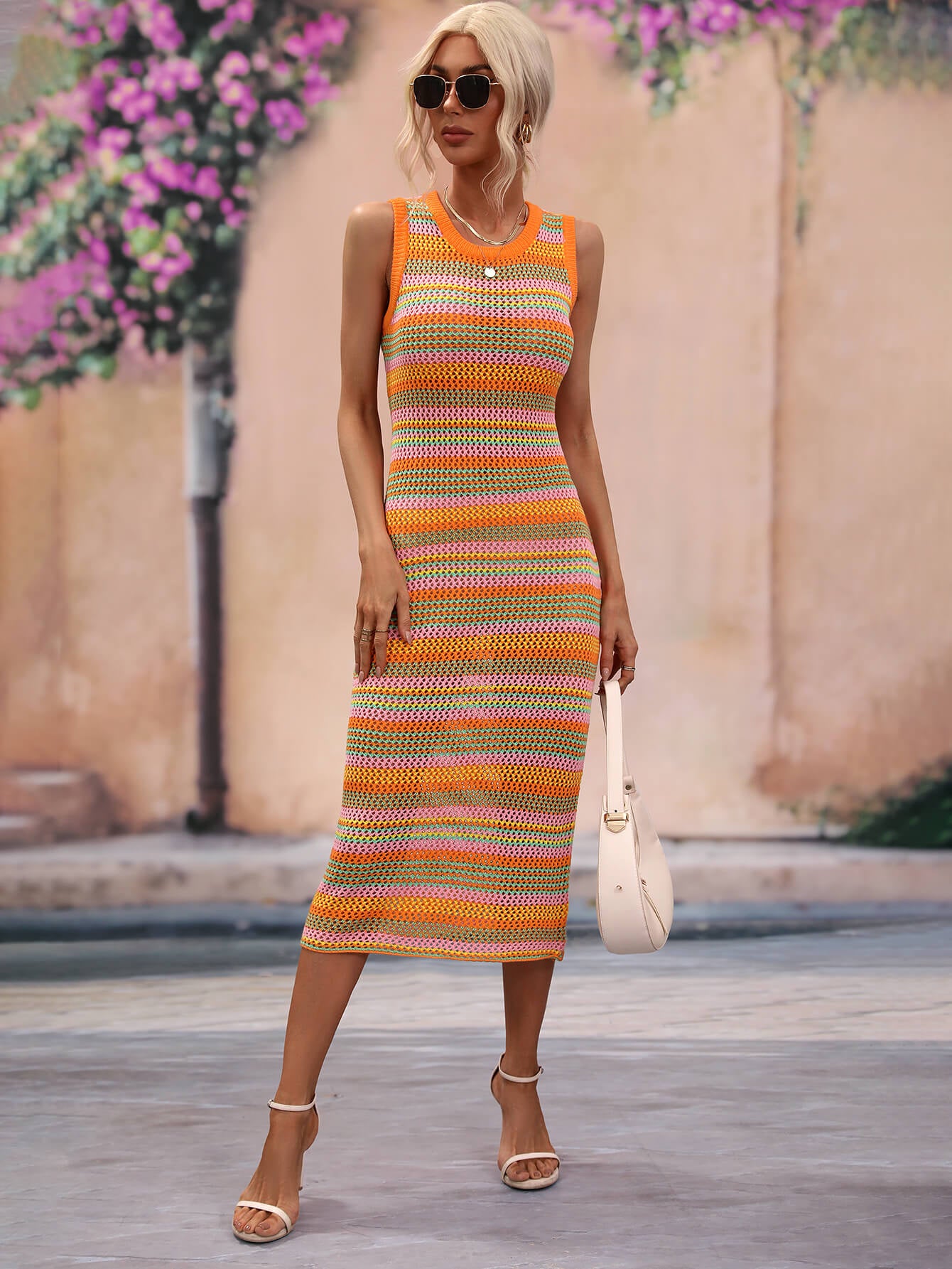 striped round neck sleeveless midi cover up dress