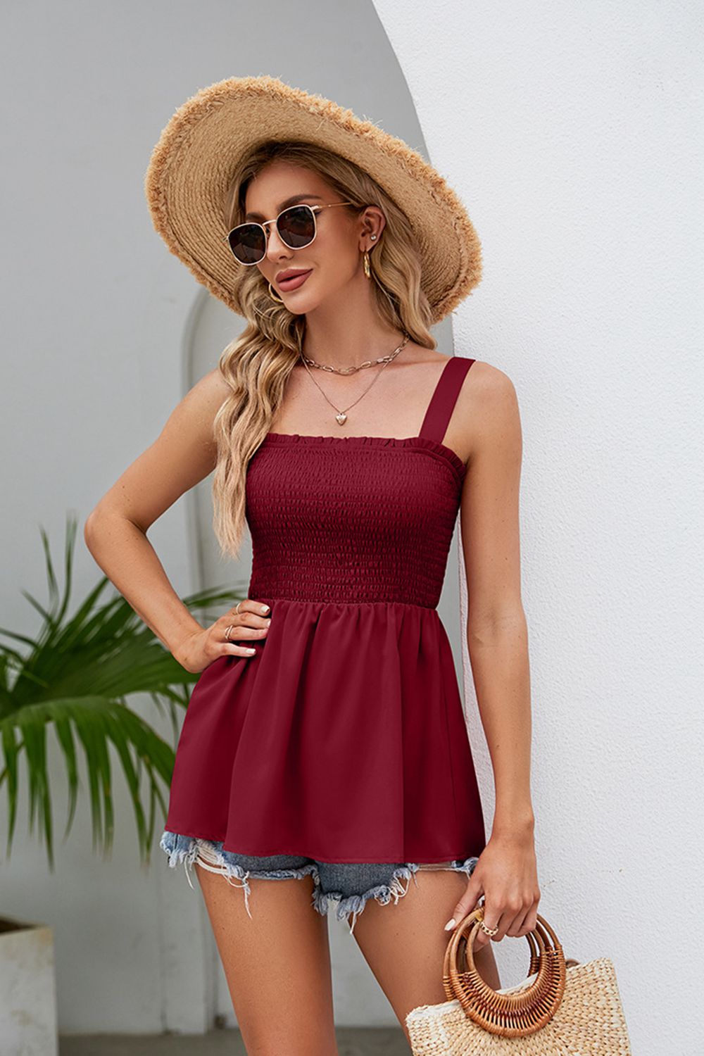 smocked square neck babydoll tank